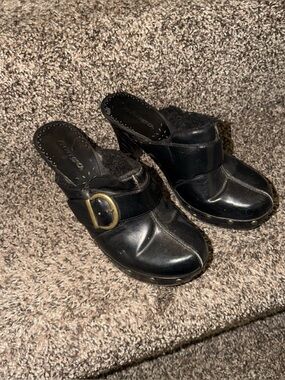 VTG Bongo Women’s Boho Buckle Studded Black Clogs Wedge Heel Size  6 1/2 90s Y2K